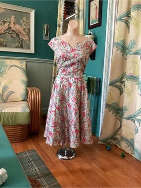 Rare Nancymac British Retro 40s Beach Umbrella Print Summer Dress Silk/Cotton
